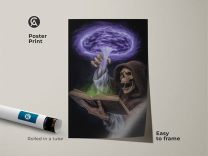 A poster print features gothic spellbook art. The dark fantasy artwork depicts a Grim Reaper with a spellbook. Easy to frame this purple and green magic art adds an eclectic touch. Rolled in a tube this print is a perfect Halloween gift for goth subculture decor.
