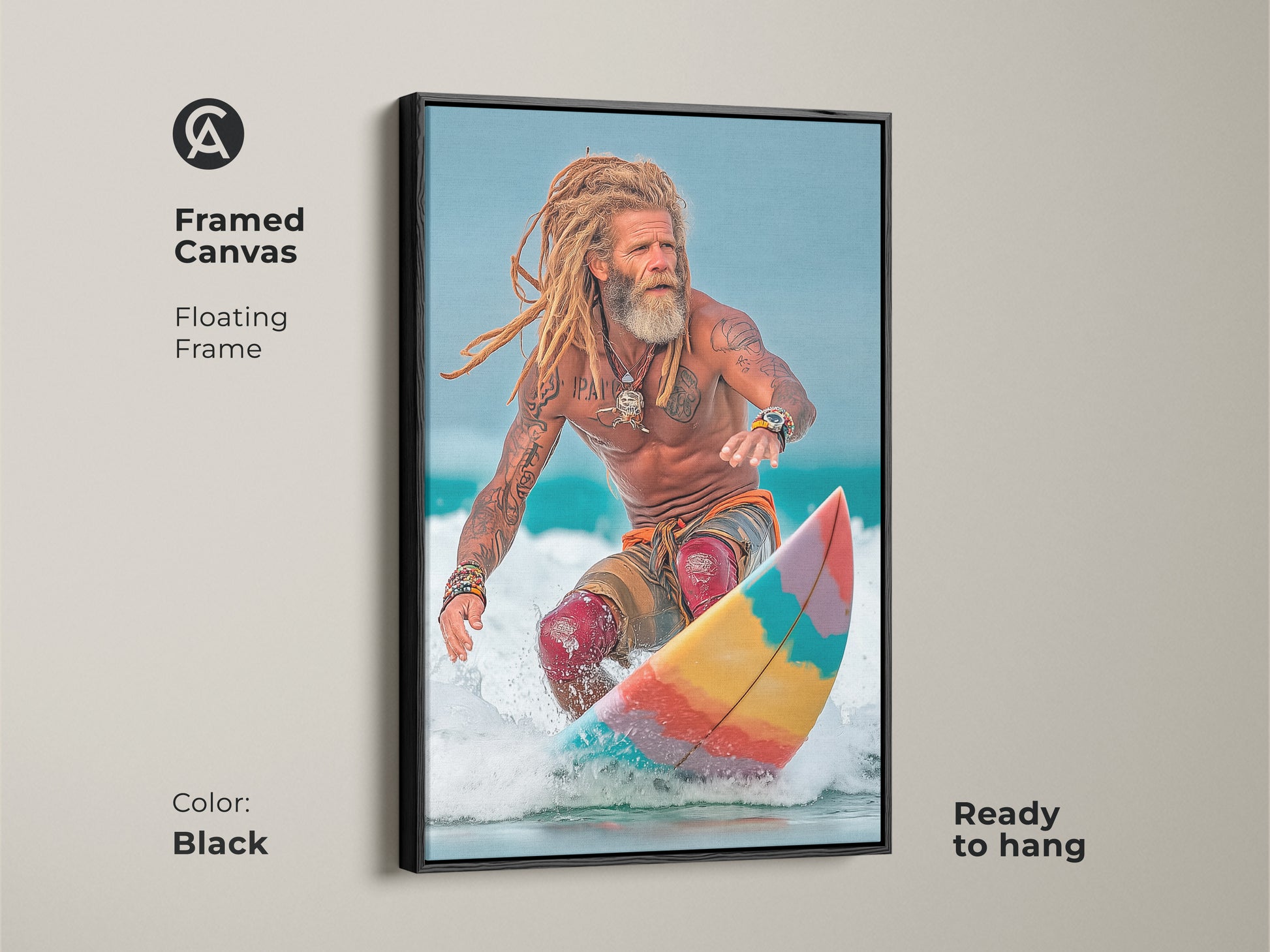 A Framed Canvas Floating Frame in black features Coastal Surfer Canvas Print. The ocean lifestyle photography captures action sports art. Golden blonde and sky blue colors create summer vibes. Ready to hang wall art for family room decor gift for beach lovers.