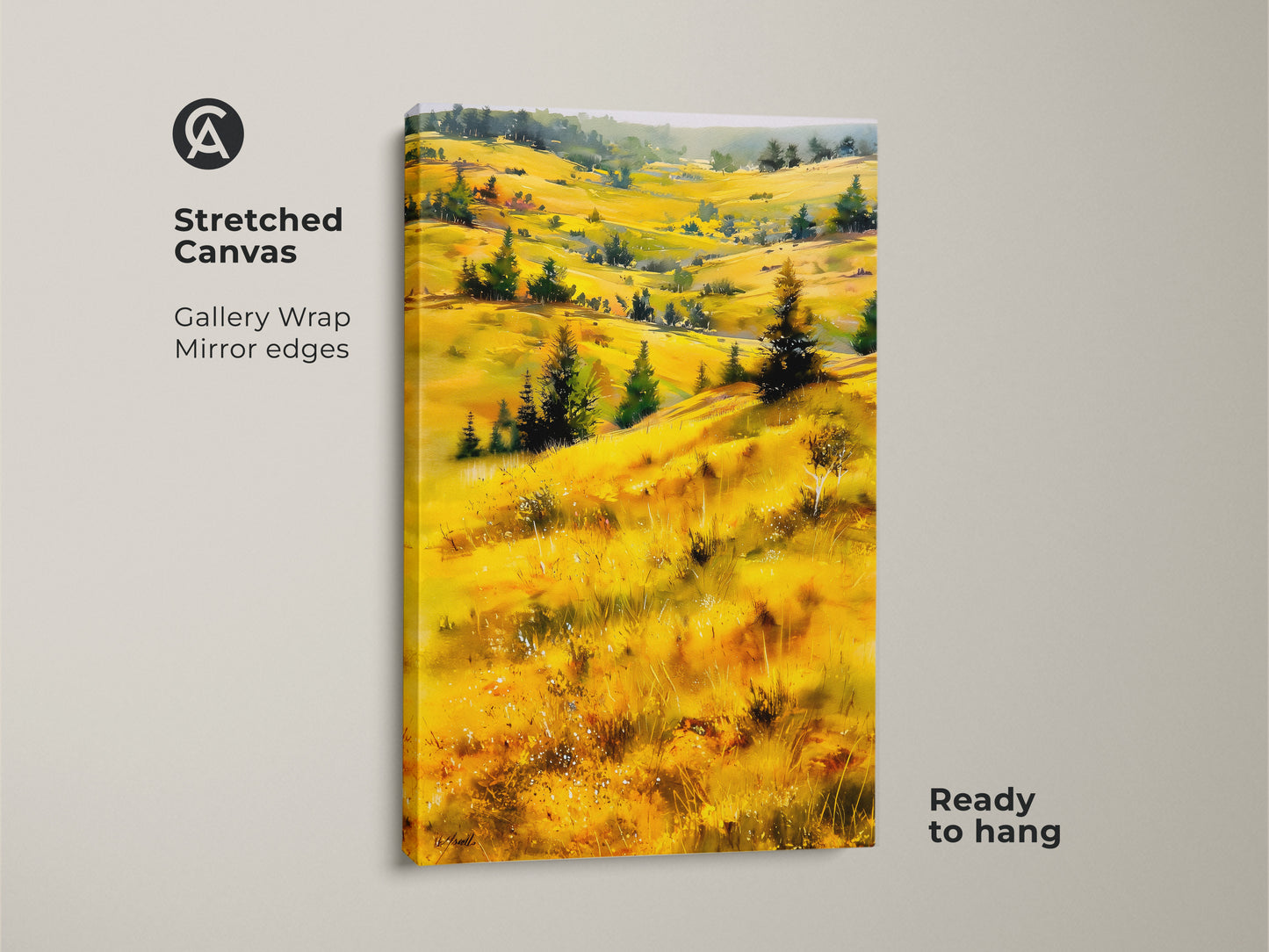 Stretched canvas print of golden hills and green trees. This impressionistic nature art is ready to hang. The gallery wrapped canvas has mirror edges. Ideal farmhouse bedroom decor. Bring expressive scenery indoors with this scenic landscape painting.