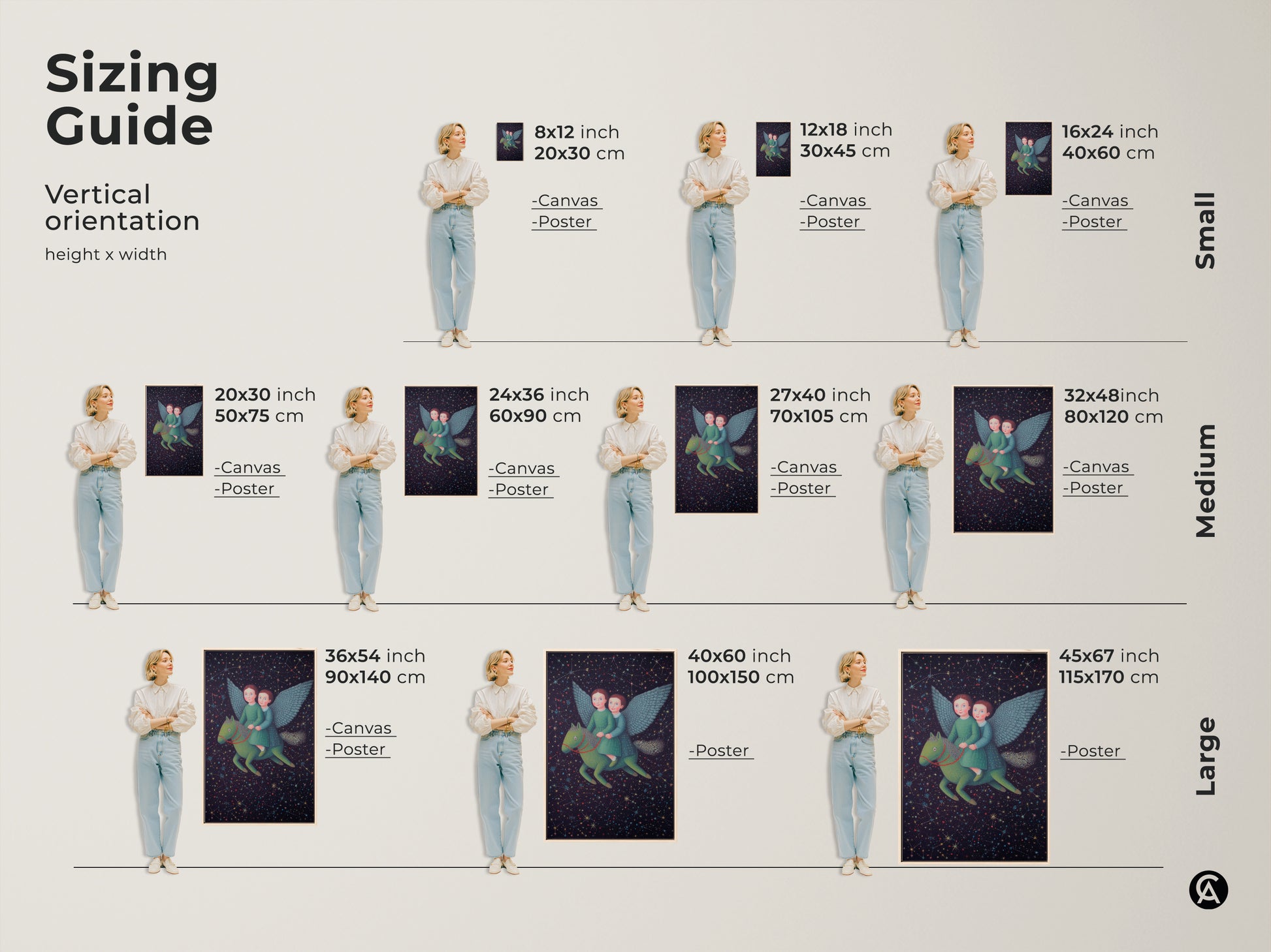 A sizing guide is available for the children riding Pegasus artwork. Find the perfect fit for any space. Options include canvas and poster prints in various sizes. Decorate your space with this celestial starry night sky kids art. Transform your space with whimsical fantasy.
