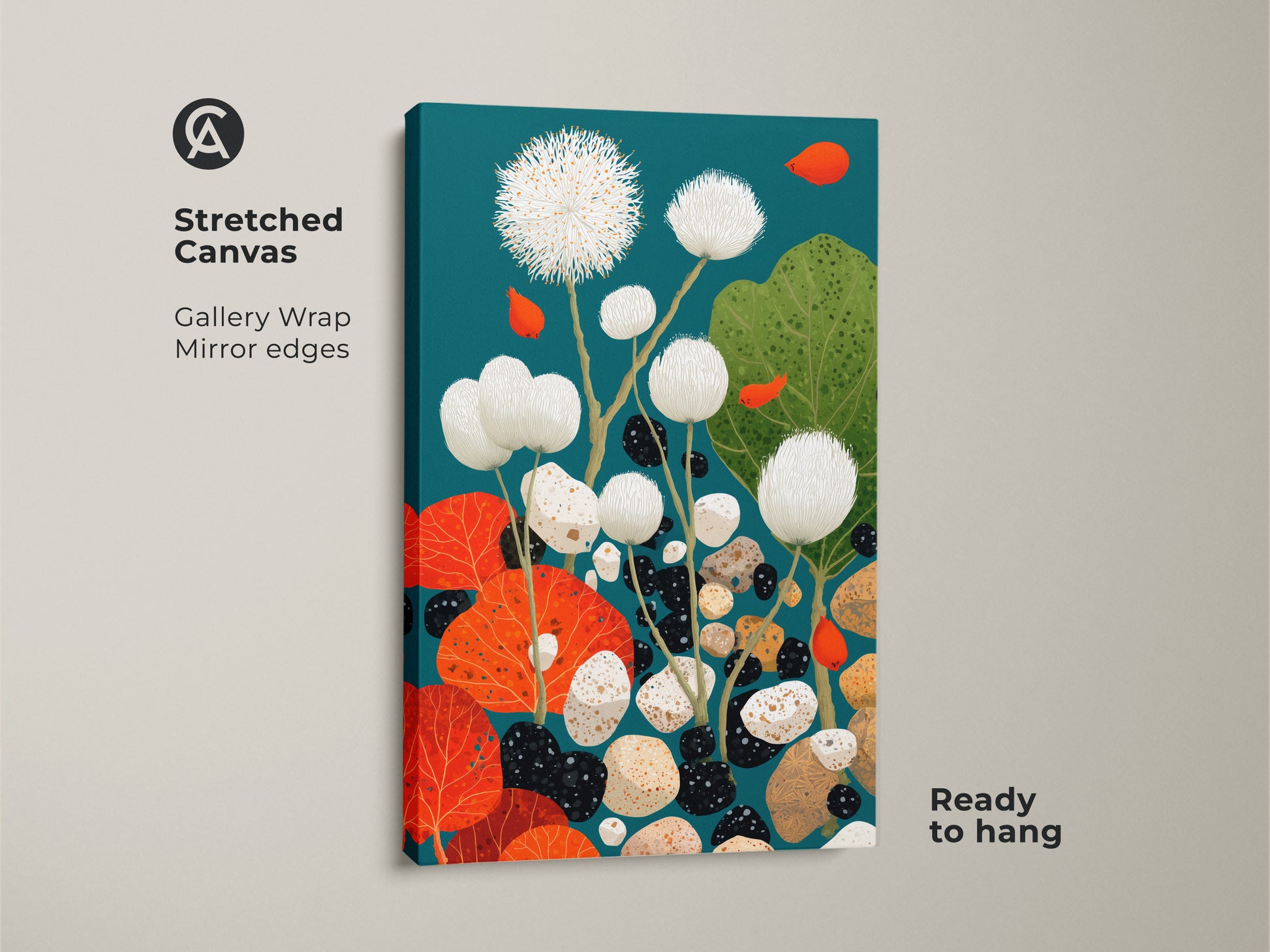 Close-up of a stretched canvas art print. The gallery wrap features mirror edges that enhance the artwork. This teal dandelion and pebble artwork is ready to hang as unique wall decor.