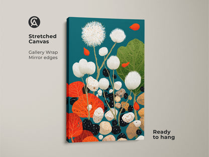 Close-up of a stretched canvas art print. The gallery wrap features mirror edges that enhance the artwork. This teal dandelion and pebble artwork is ready to hang as unique wall decor.