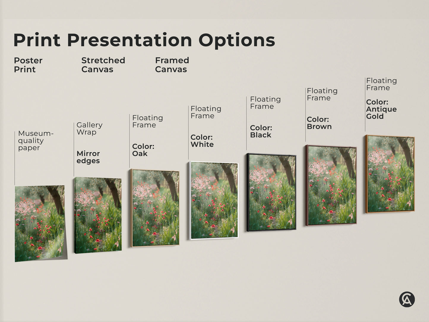Explore the print presentation options with poster prints. Consider stretched canvas gallery wraps. Framed canvas adds a polished look. Choose from oak black brown antique gold or white frames. Each option highlights the beautiful red poppy and wildflower garden canvas.