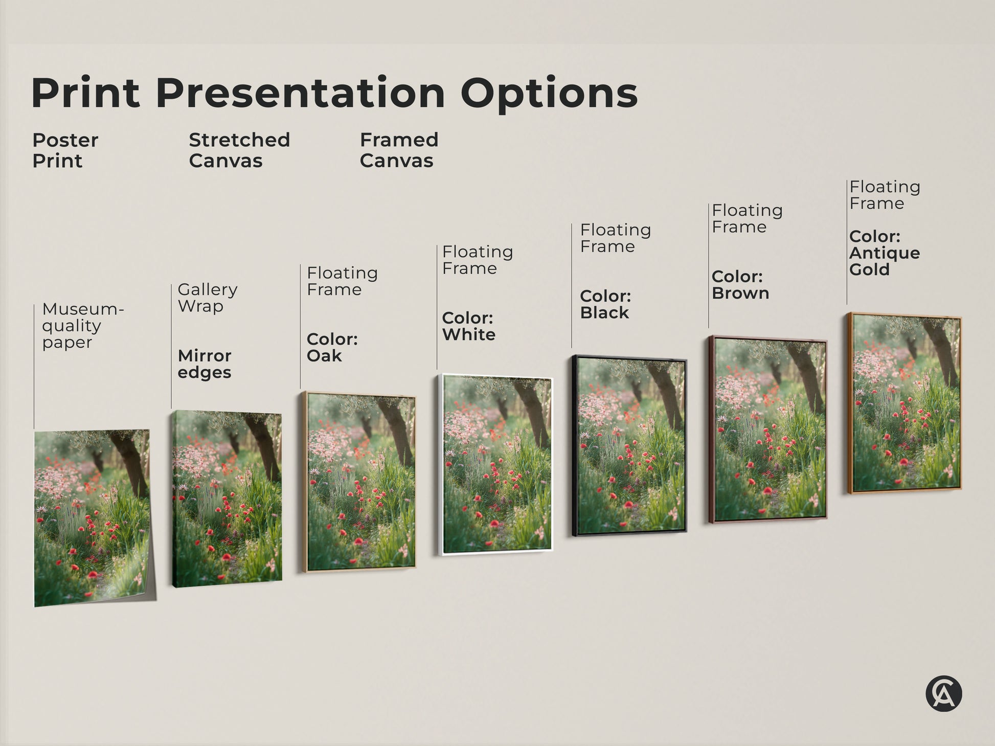Explore the print presentation options with poster prints. Consider stretched canvas gallery wraps. Framed canvas adds a polished look. Choose from oak black brown antique gold or white frames. Each option highlights the beautiful red poppy and wildflower garden canvas.