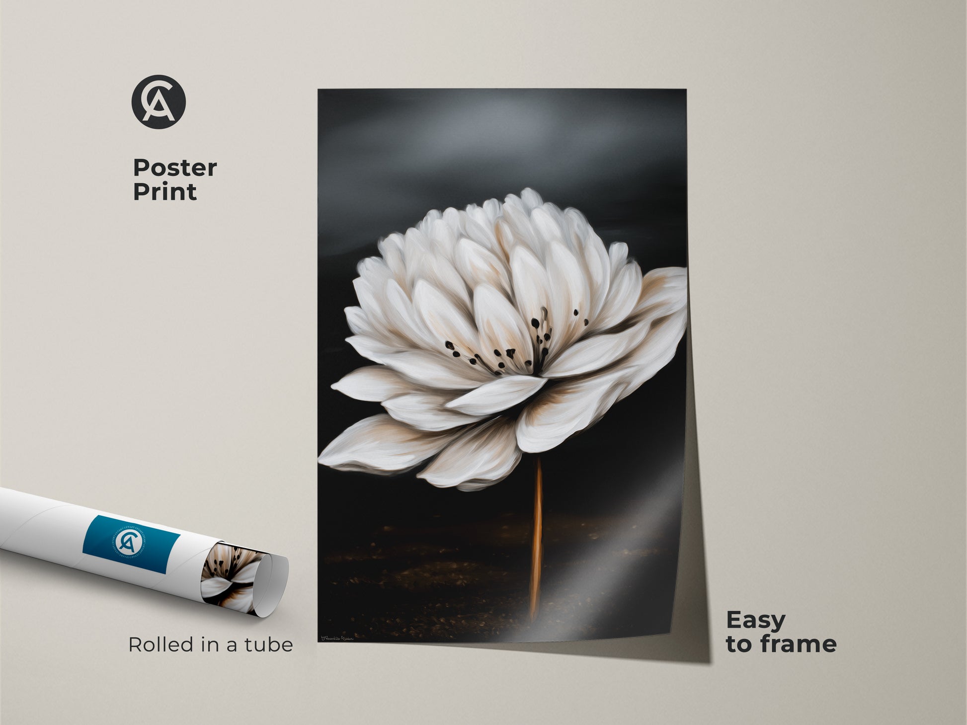 Botanical wall art poster print. Featuring a realistic white flower this minimalist artwork is easy to frame. Great for contemporary bedroom decor or as a plant lover gift.