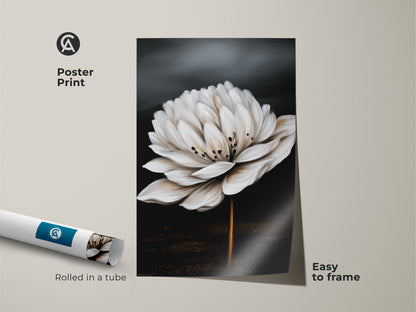 Botanical wall art poster print. Featuring a realistic white flower this minimalist artwork is easy to frame. Great for contemporary bedroom decor or as a plant lover gift.