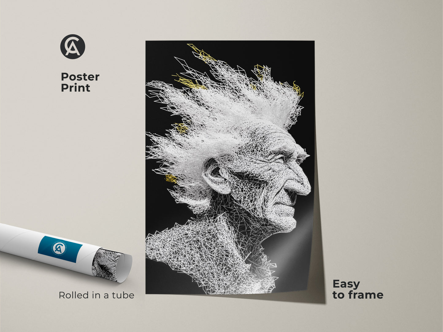 Poster print featuring a portrait of an old man with white hair. His hair is styled in a mohawk. The artwork is created with white lines on a black background. The poster is easy to frame. Rolled in a tube for protection.