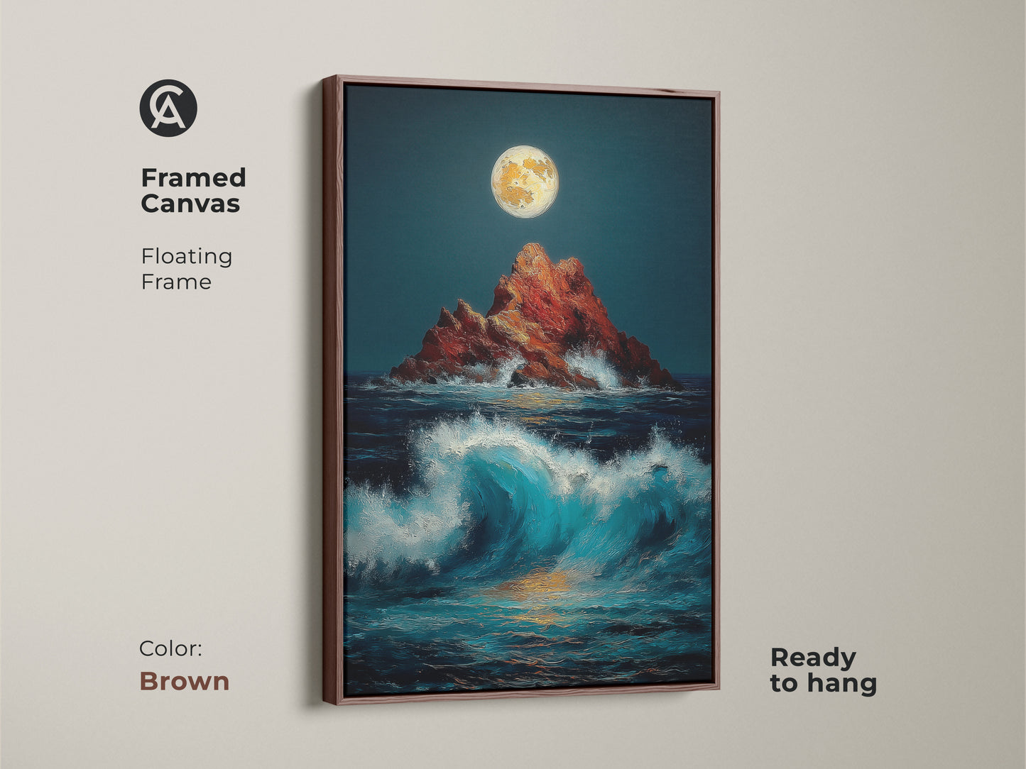 A brown framed canvas captures a serene moonlit ocean view. Experience the beauty of a rocky island seascape. This framed artwork brings coastal inspiration to your bedroom or office decor.