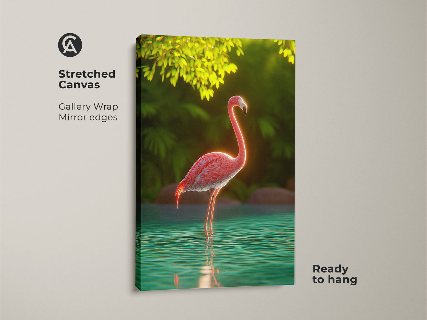 This stretched canvas features a pink flamingo tropical bird wall art piece. It's ready to hang with gallery wrapped mirror edges. Teal green nature art is perfect for boho home decor. This exotic animal art is a great housewarming gift for her. It adds a vibrant touch to any room.