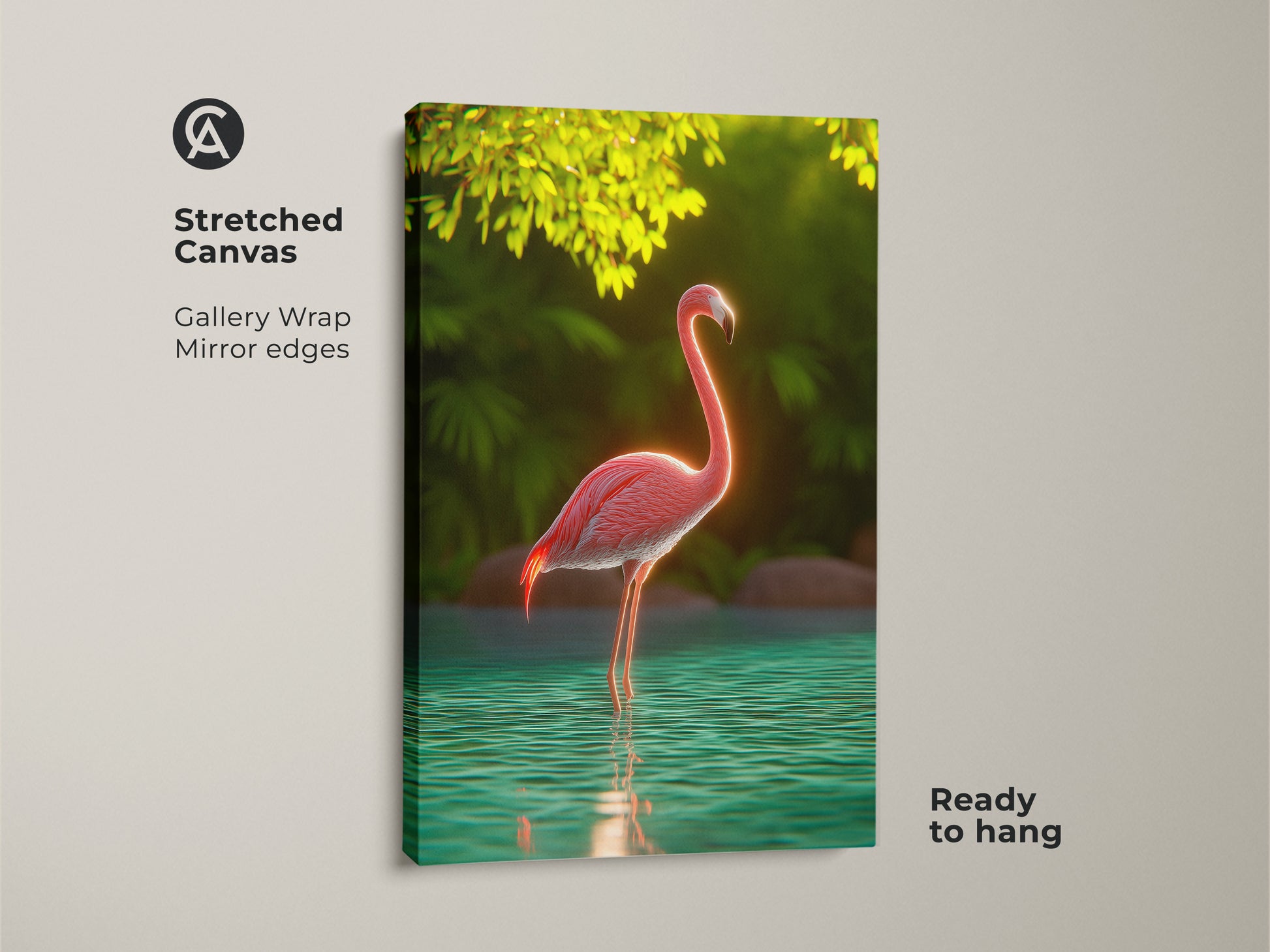 This stretched canvas features a pink flamingo tropical bird wall art piece. It's ready to hang with gallery wrapped mirror edges. Teal green nature art is perfect for boho home decor. This exotic animal art is a great housewarming gift for her. It adds a vibrant touch to any room.