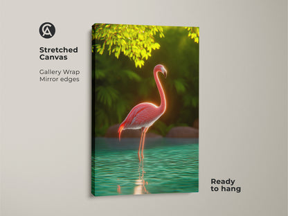 This stretched canvas features a pink flamingo tropical bird wall art piece. It's ready to hang with gallery wrapped mirror edges. Teal green nature art is perfect for boho home decor. This exotic animal art is a great housewarming gift for her. It adds a vibrant touch to any room.