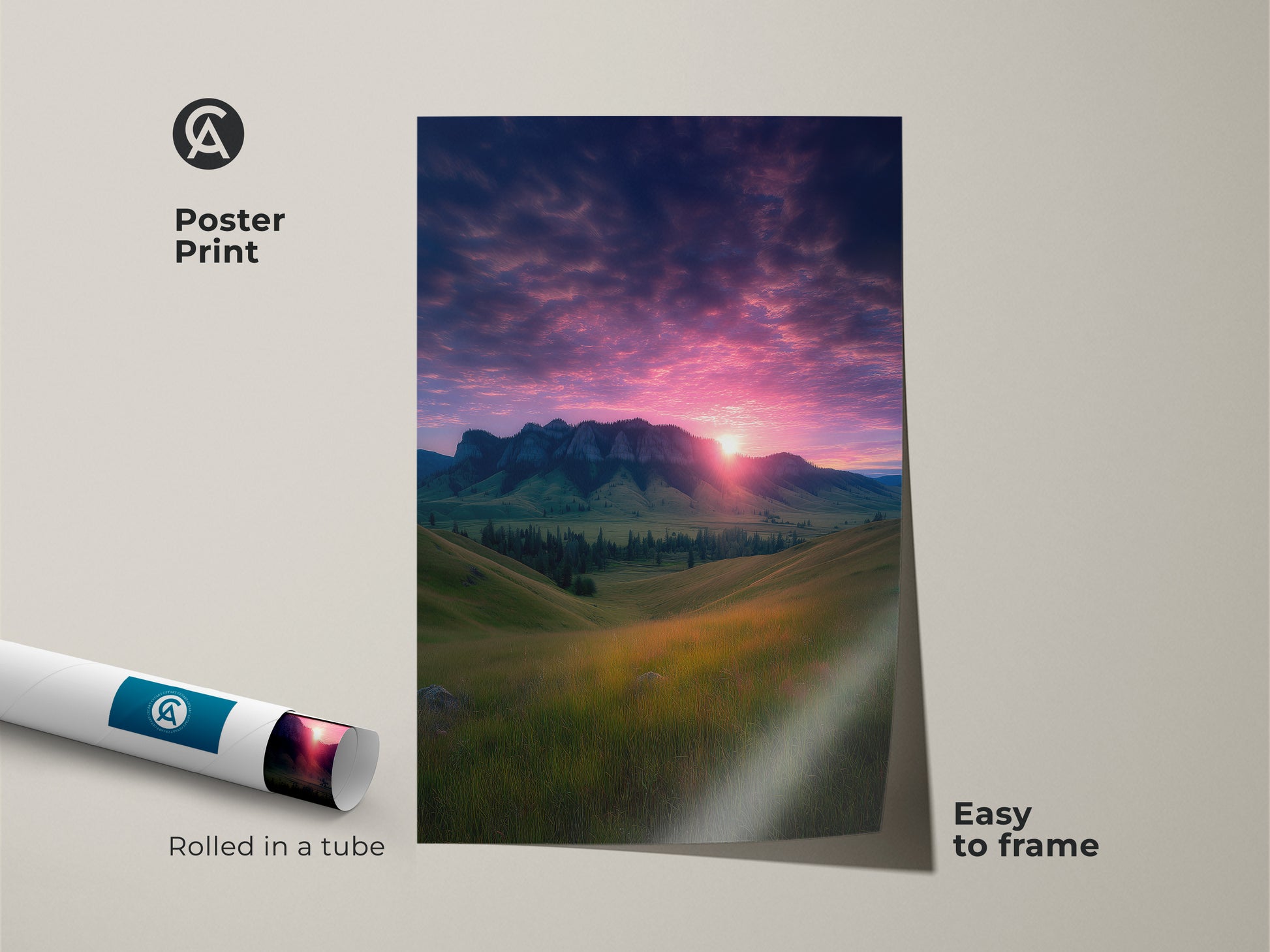 Poster print of a mountain sunset features rolling hills. The photorealistic nature decor shows a dramatic pink and gold sky. This landscape art is easy to frame. It's rolled in a tube for protection. This artwork brings nature indoors. It is ideal as wall art for nature lovers.