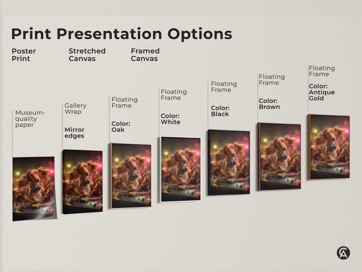 Print presentation options showcase the Dachshund DJ artwork. Choose from poster prints stretched canvas or framed canvas. Each option highlights the eclectic animal art. Find the perfect fit for your space. These options are great for a music themed room.