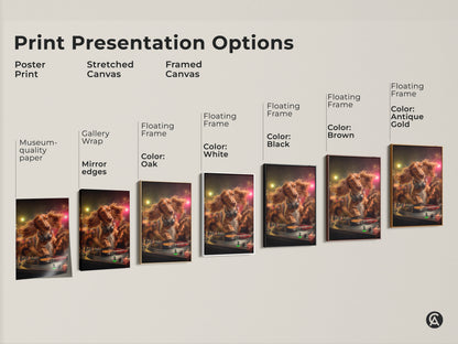 Print presentation options showcase the Dachshund DJ artwork. Choose from poster prints stretched canvas or framed canvas. Each option highlights the eclectic animal art. Find the perfect fit for your space. These options are great for a music themed room.
