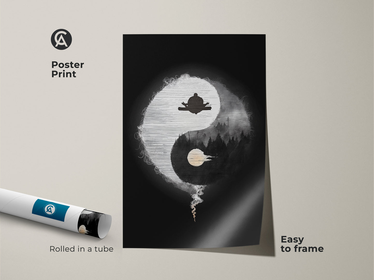 Poster Print of Abstract Yin Yang Zen art. Showcasing minimalist spiritual artwork with a meditating figure. The black and white yoga decor is rolled in a tube for easy framing. Enhance your space with this mindful living art.