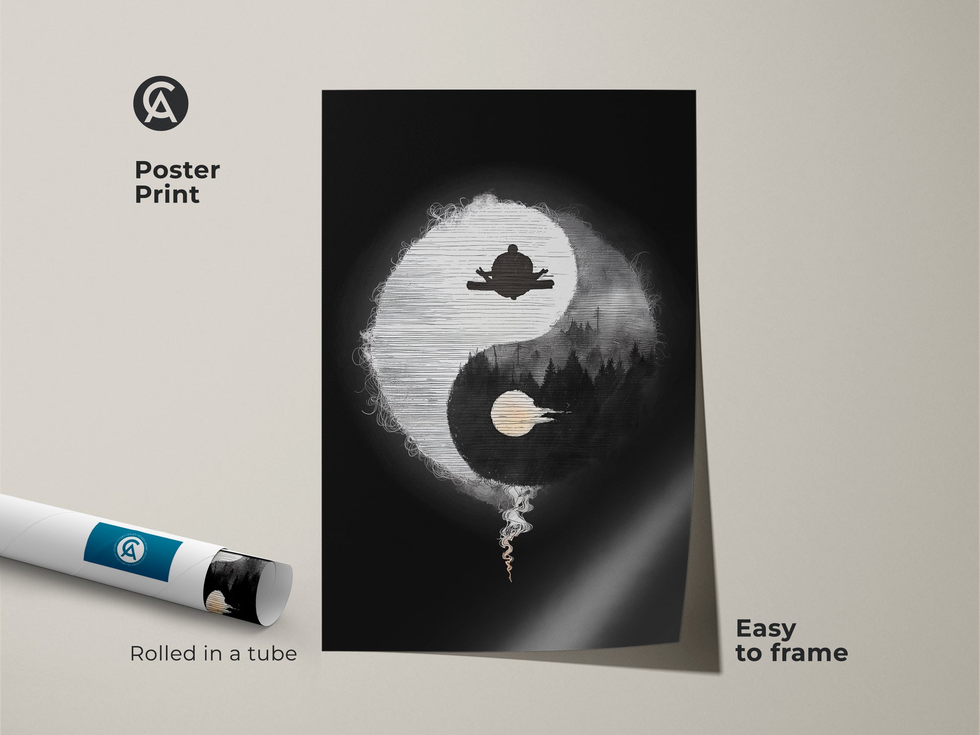 Poster Print of Abstract Yin Yang Zen art. Showcasing minimalist spiritual artwork with a meditating figure. The black and white yoga decor is rolled in a tube for easy framing. Enhance your space with this mindful living art.