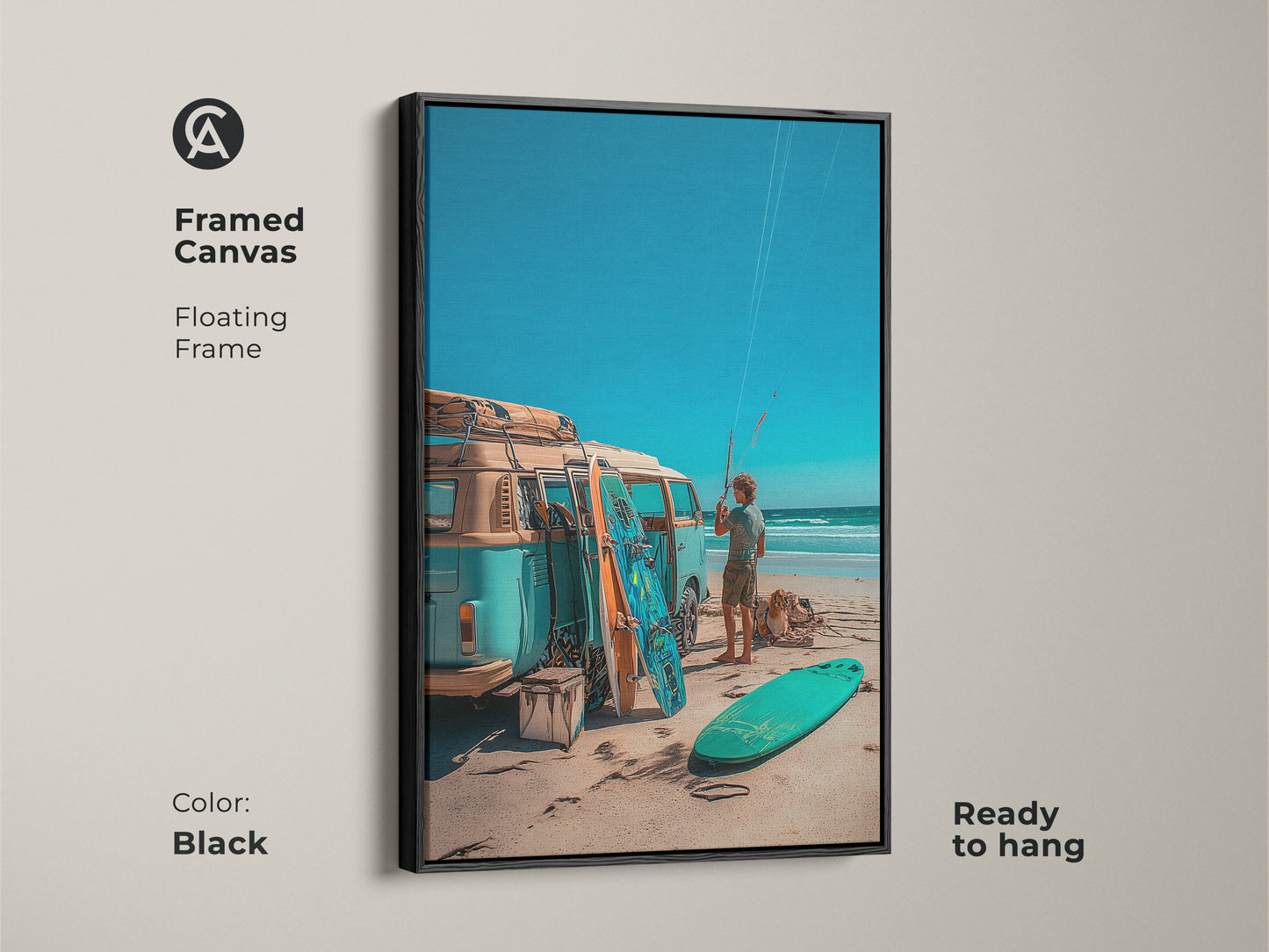 Framed canvas artwork with a floating frame in black. The artwork is ready to hang. It features a VW bus with surfboards at the beach. The art captures a relaxing surfing day at the beach.