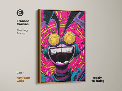 Framed canvas showcasing a quirky character artwork. The floating frame enhances the artwork's visual appeal. This art is ready to hang and enjoy. The antique gold frame complements the vivid colors of the art beautifully