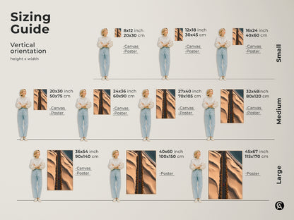 Discover the perfect size with our sizing guide for this desert road art. See how the canvas and poster prints look in various dimensions. Choose from small medium and large sizes to fit your space. Visualize the artwork with our detailed size comparison for a red car on a sandy beige road.