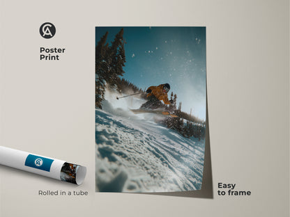 Add a touch of winter adventure to your walls with this ski poster print. This artwork showcases a skier skiing on a snowy mountain. The poster is rolled in a tube for easy framing. It is a great way to bring the energy of the slopes into your home. Buy now