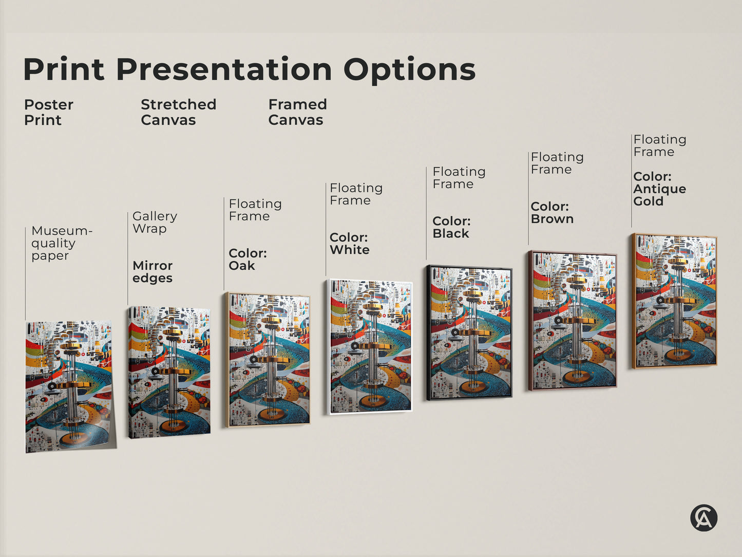 Explore print presentation options. See the Mechanical Abstract artwork on poster stretched and framed canvas. Choose the perfect style like gallery wrap with black brown and gold frames for your tech office.
