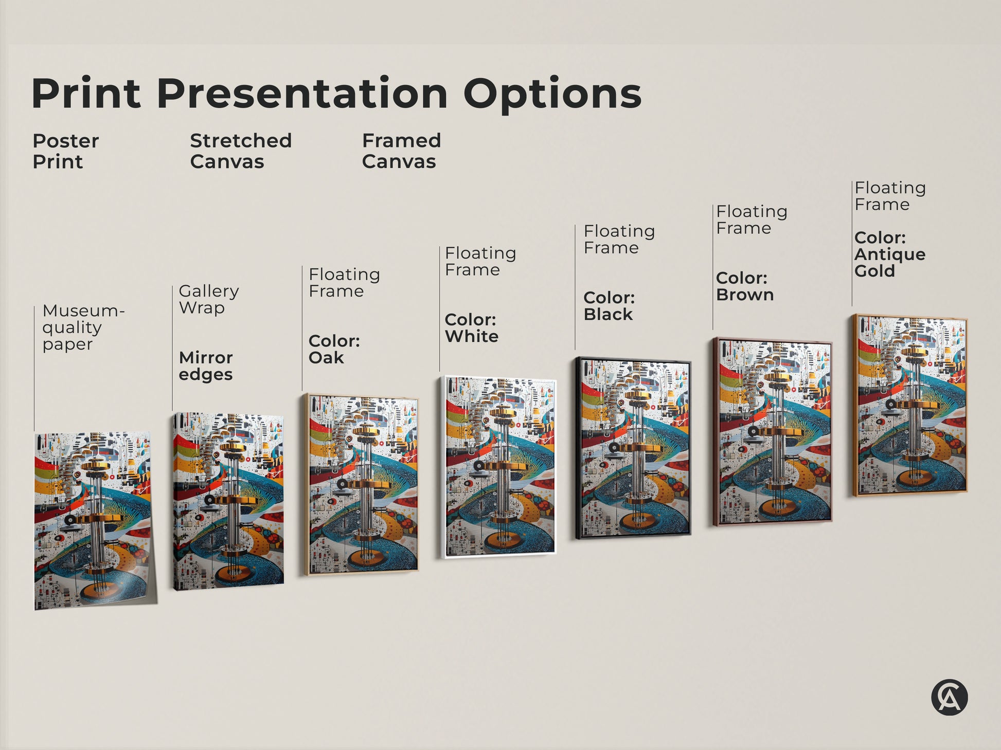 Explore print presentation options. See the Mechanical Abstract artwork on poster stretched and framed canvas. Choose the perfect style like gallery wrap with black brown and gold frames for your tech office.