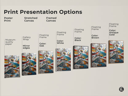 Explore print presentation options. See the Mechanical Abstract artwork on poster stretched and framed canvas. Choose the perfect style like gallery wrap with black brown and gold frames for your tech office.