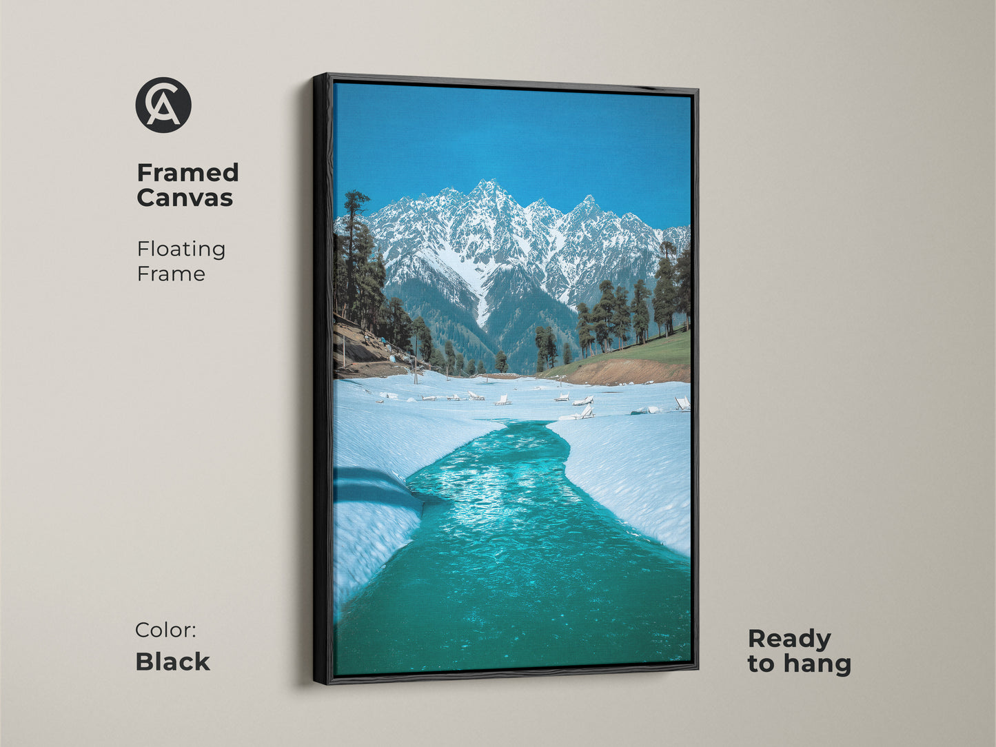 Framed canvas showcasing a serene snowy mountain artwork with a black floating frame. This ready-to-hang piece of nature photography adds a modern touch to any space. The blue and white hues create a peaceful ambiance in your home decor.