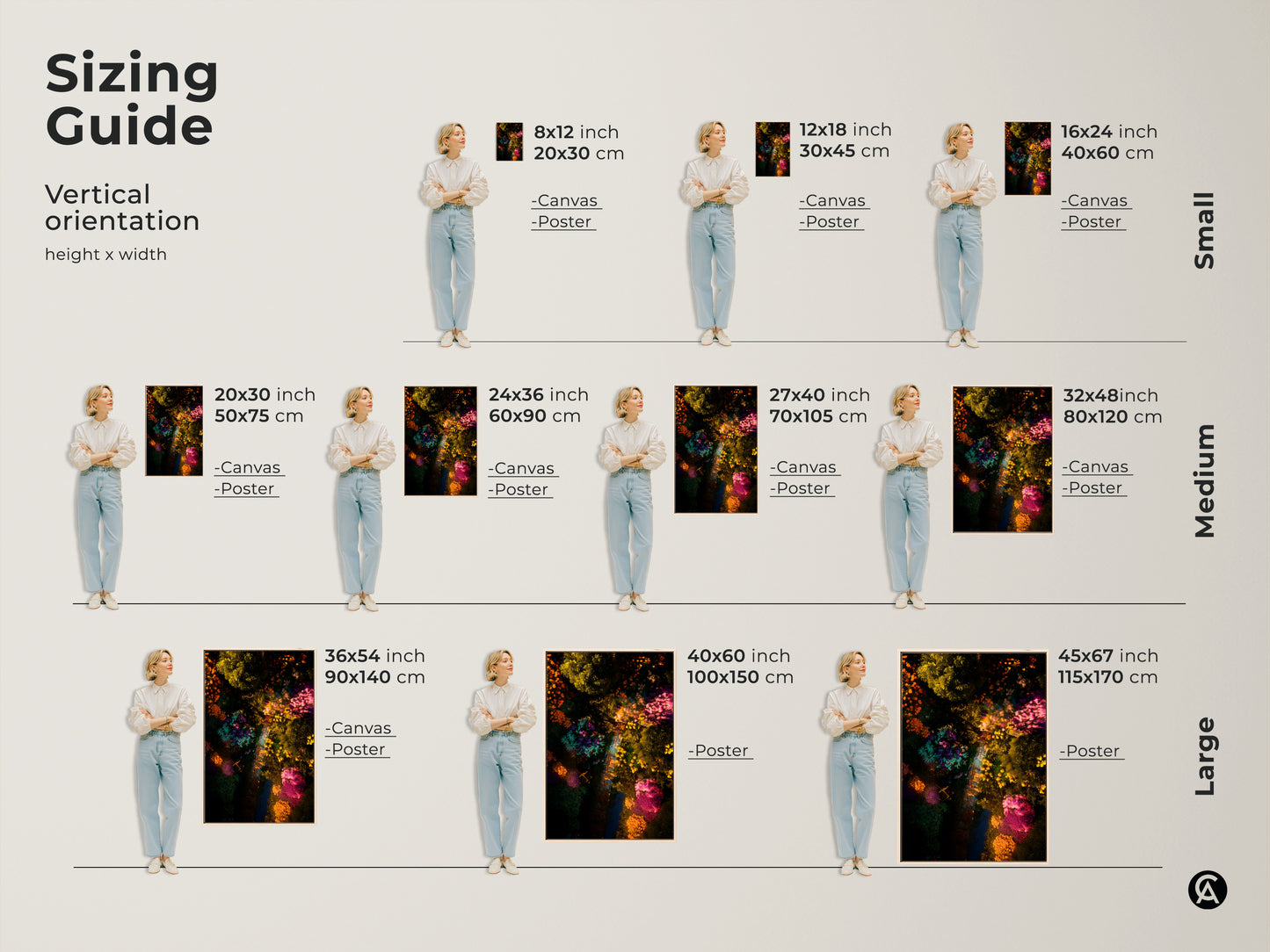 Sizing guide for vertical aerial garden artwork. Find the perfect fit with canvas and poster options. Available in sizes from 8x12 to 45x67 inches. Transform your space with vibrant botanical art. Shop now to find your ideal size.