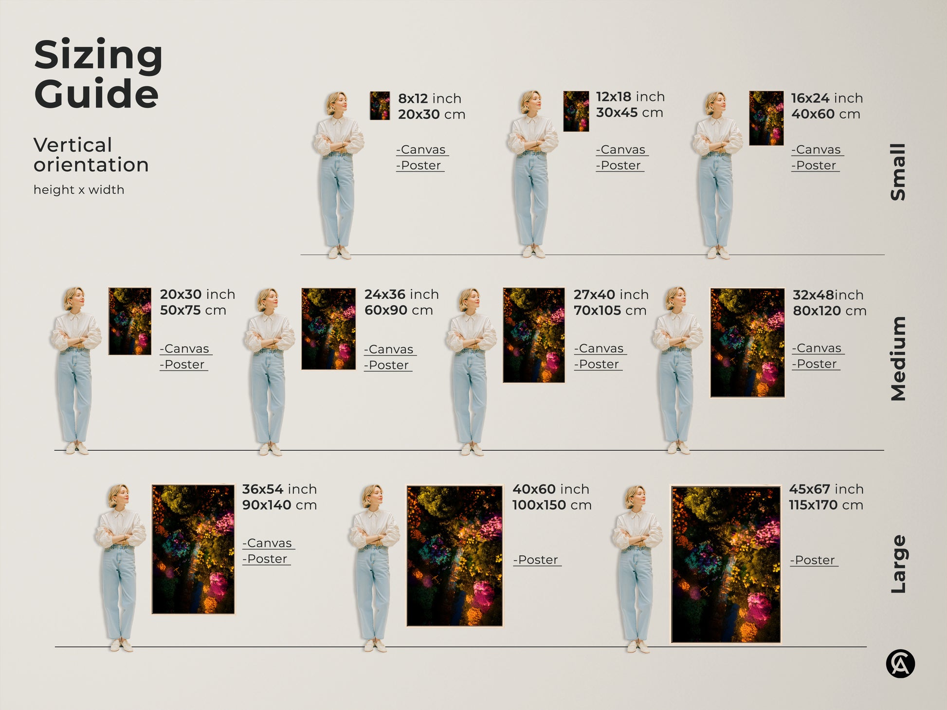 Sizing guide for vertical aerial garden artwork. Find the perfect fit with canvas and poster options. Available in sizes from 8x12 to 45x67 inches. Transform your space with vibrant botanical art. Shop now to find your ideal size.