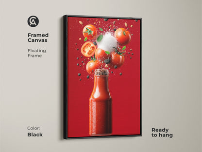 Framed canvas with floating frame showcasing a Tomato Ketchup Still Life. The artwork is of a ketchup bottle and fresh tomatoes. The frame color is black. This piece is ready to hang perfect for kitchen decor.