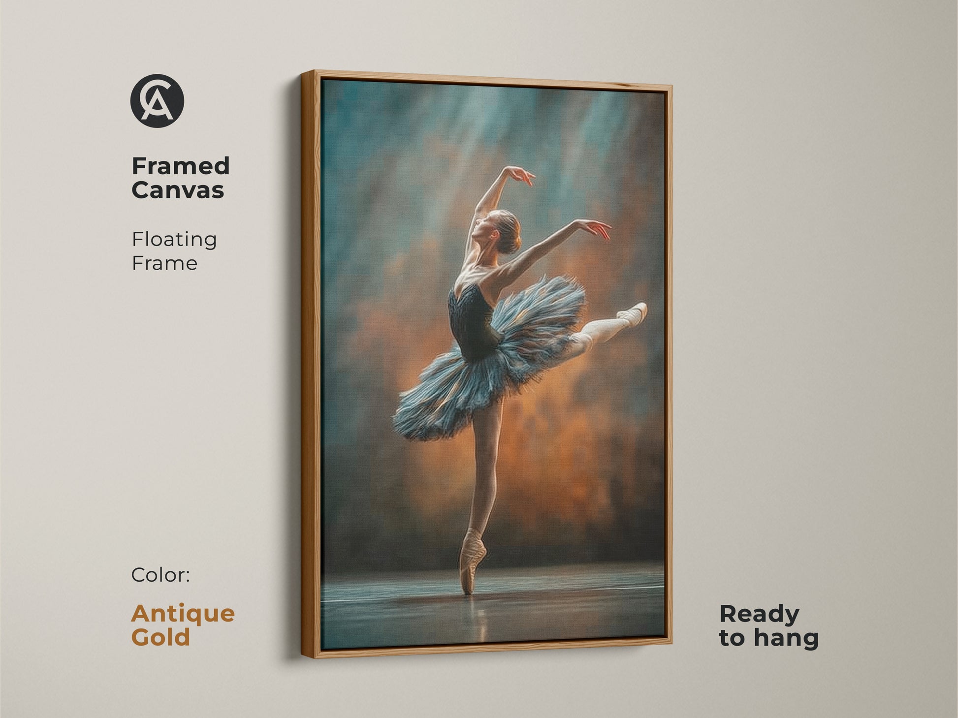 Framed canvas art of a ballerina in an antique gold floating frame. Ready to hang. The ballerina artwork depicts a dancer en pointe. She wears a blue tutu. The gold frame adds a touch of luxury. It is a stunning piece of wall art.