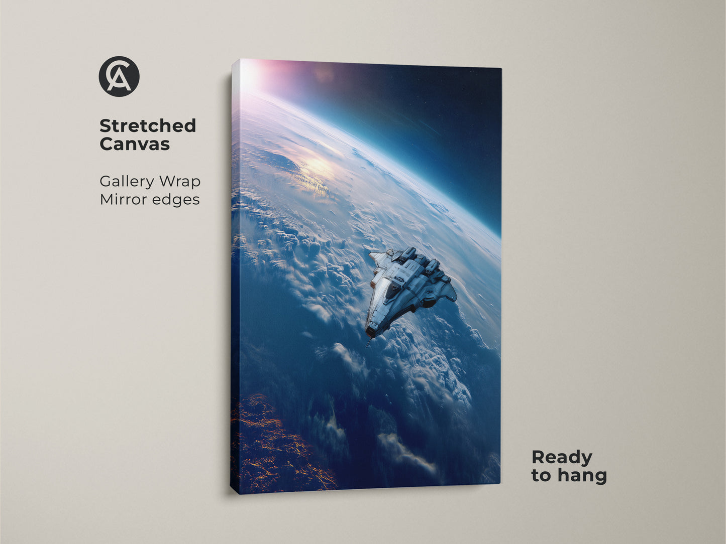 Stretched Canvas Sci-Fi Space Art Print showcasing a futuristic spaceship over Earth. This deep blue artwork is ready to hang enhancing any bedroom or office with a modern touch.