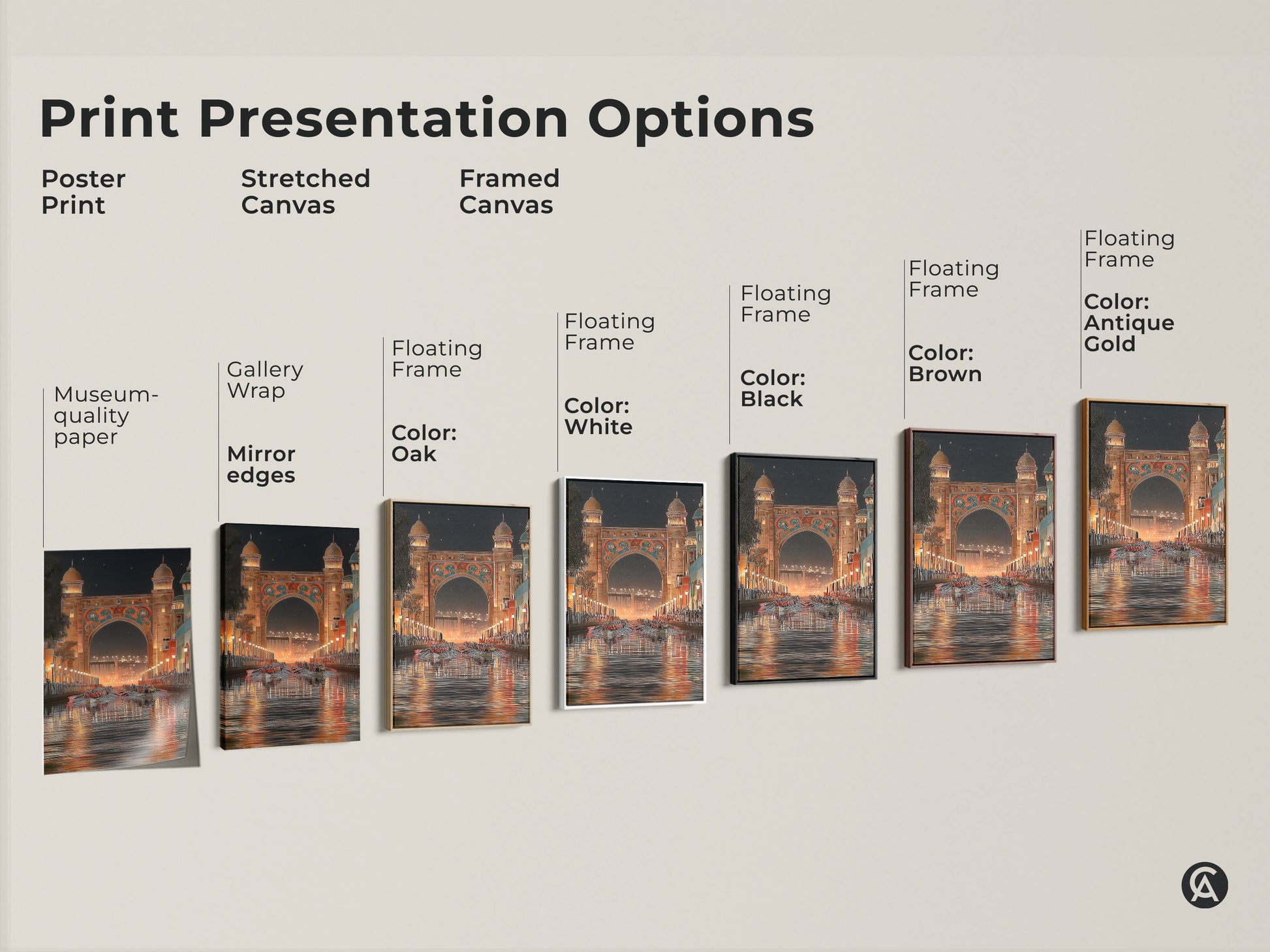 Explore print presentation options for this Art Deco archway night cityscape. Options include poster stretched and framed canvas. Colors include black brown oak and antique gold. Museum-quality edges and floating frames enhance this eclectic orange gold teal artwork with rowing boats.