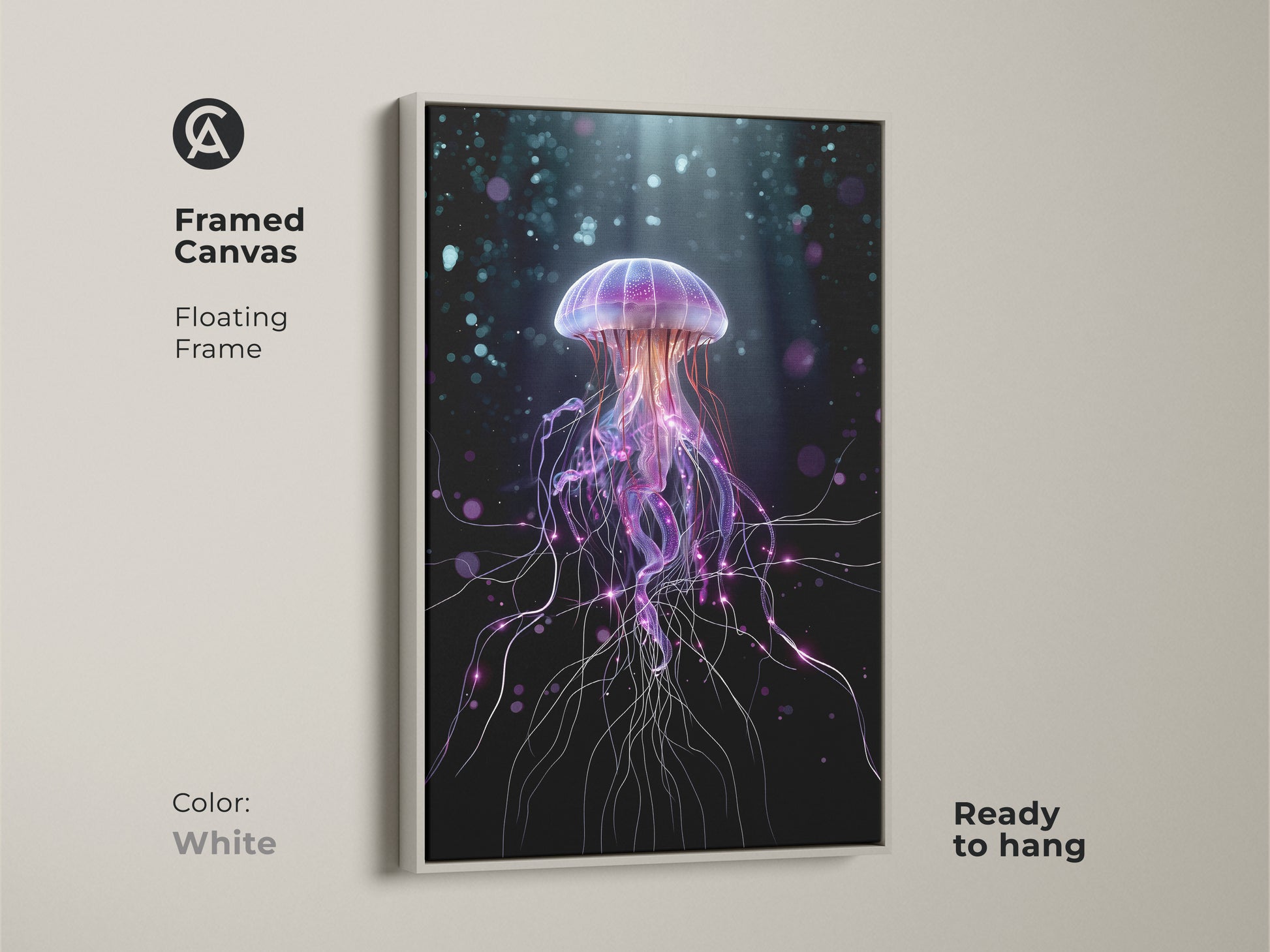 Framed canvas featuring a surreal jellyfish art print. A white floating frame accents this purple and teal ocean life artwork. This contemporary digital art adds abstract fantasy to your bedroom. Ready to hang for modern decor.