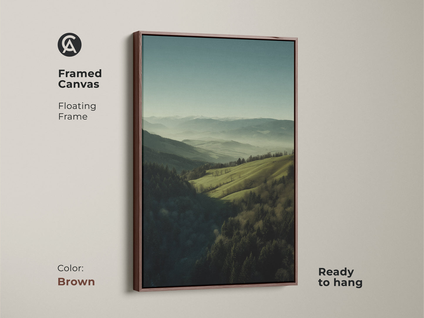 Framed canvas featuring a forest green and misty blue landscape. Brown floating frame. Ready to hang. The mountain hills nature wall art is ideal for bedroom decor. It makes a great housewarming gift for outdoor enthusiasts. The artwork brings a serene escape.