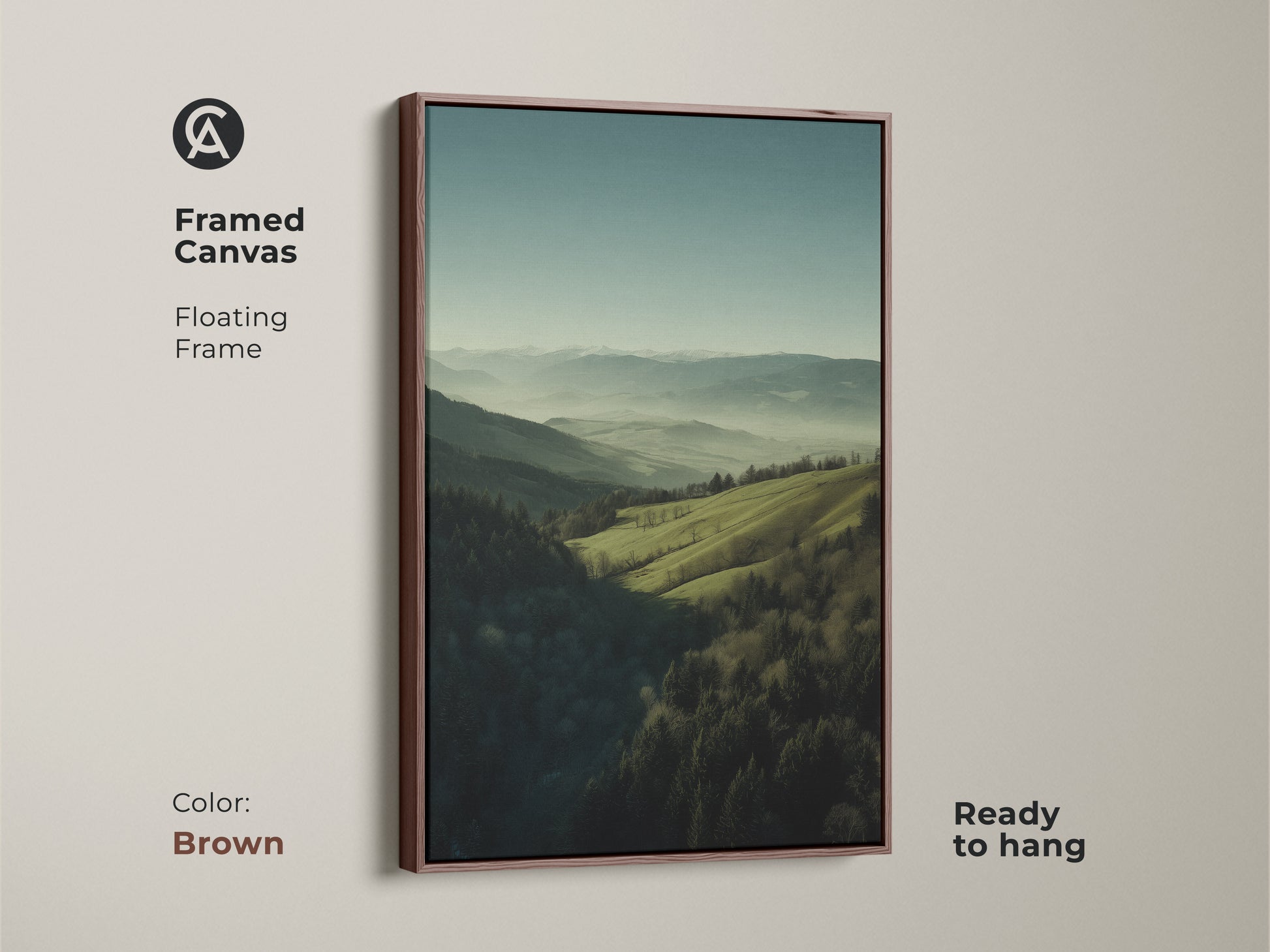 Framed canvas featuring a forest green and misty blue landscape. Brown floating frame. Ready to hang. The mountain hills nature wall art is ideal for bedroom decor. It makes a great housewarming gift for outdoor enthusiasts. The artwork brings a serene escape.