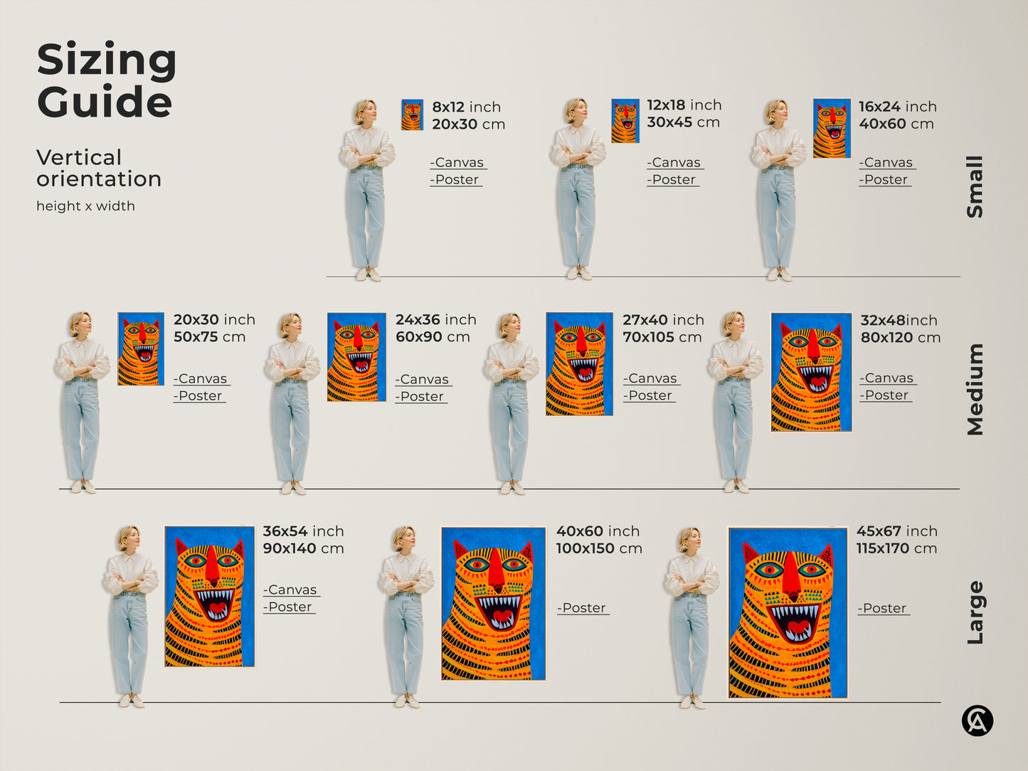 Sizing Guide. This shows the Abstract Tiger Face Art on Canvas and Poster Print with Vertical Orientation. Includes height and width measurements in inches and centimeters. Small Medium and Large sizes available. Perfect for a gallery wall animal lovers home decor.