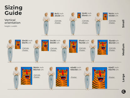 Sizing Guide. This shows the Abstract Tiger Face Art on Canvas and Poster Print with Vertical Orientation. Includes height and width measurements in inches and centimeters. Small Medium and Large sizes available. Perfect for a gallery wall animal lovers home decor.