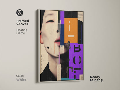 Framed canvas showcasing a beige abstract art print. This contemporary portrait emphasizes geometric orange and purple wall art. This modern office decor canvas is set in a white floating frame. Elevate your space with this modern living room art. An exceptional designer piece.