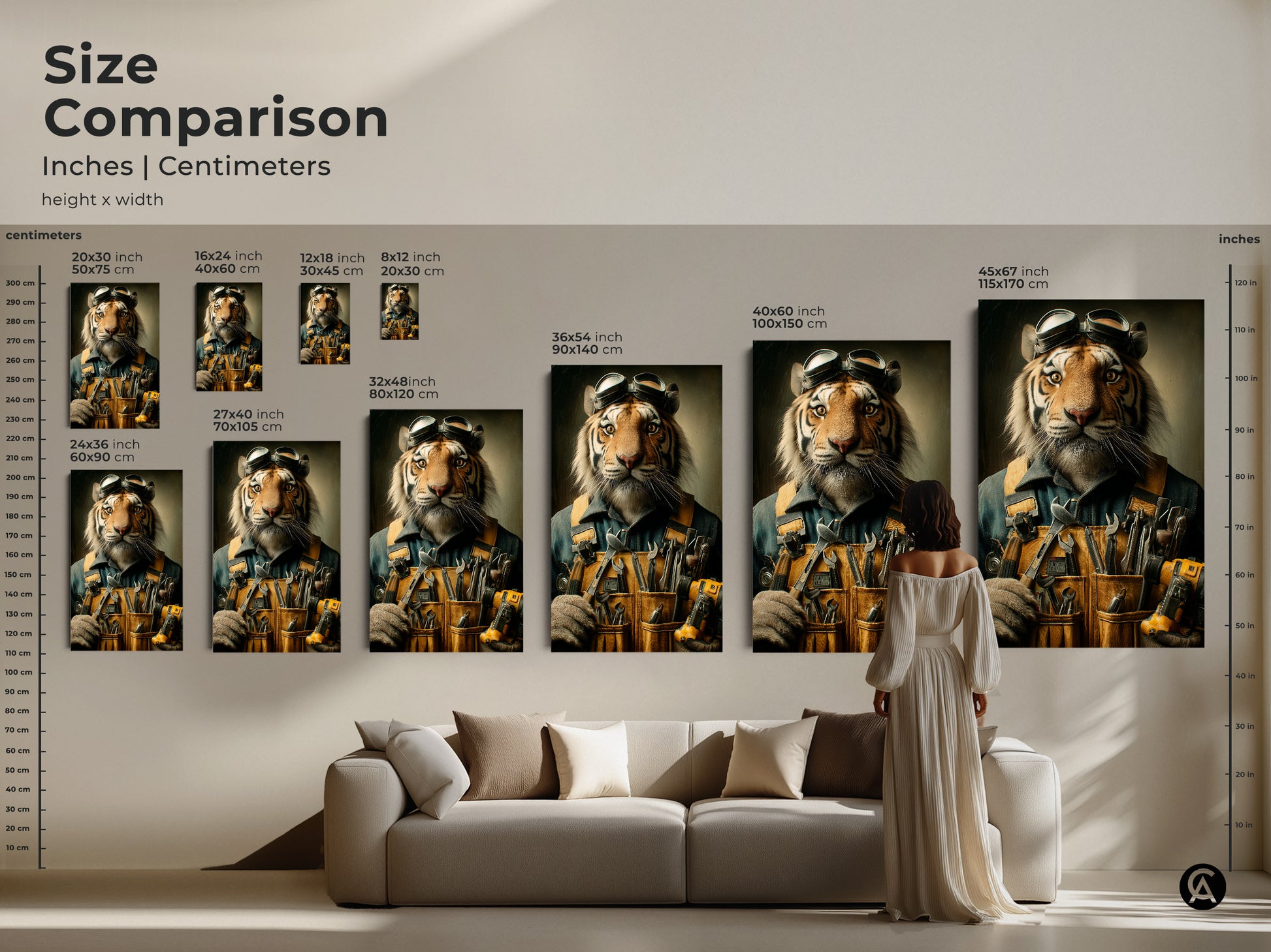 Compare sizes of the tiger mechanic art print. This anthropomorphic animal canvas comes in various dimensions to fit any space. See how each size enhances your room decor. From the smallest 8x12 inch to the largest 45x67 inch find the perfect canvas or poster print.