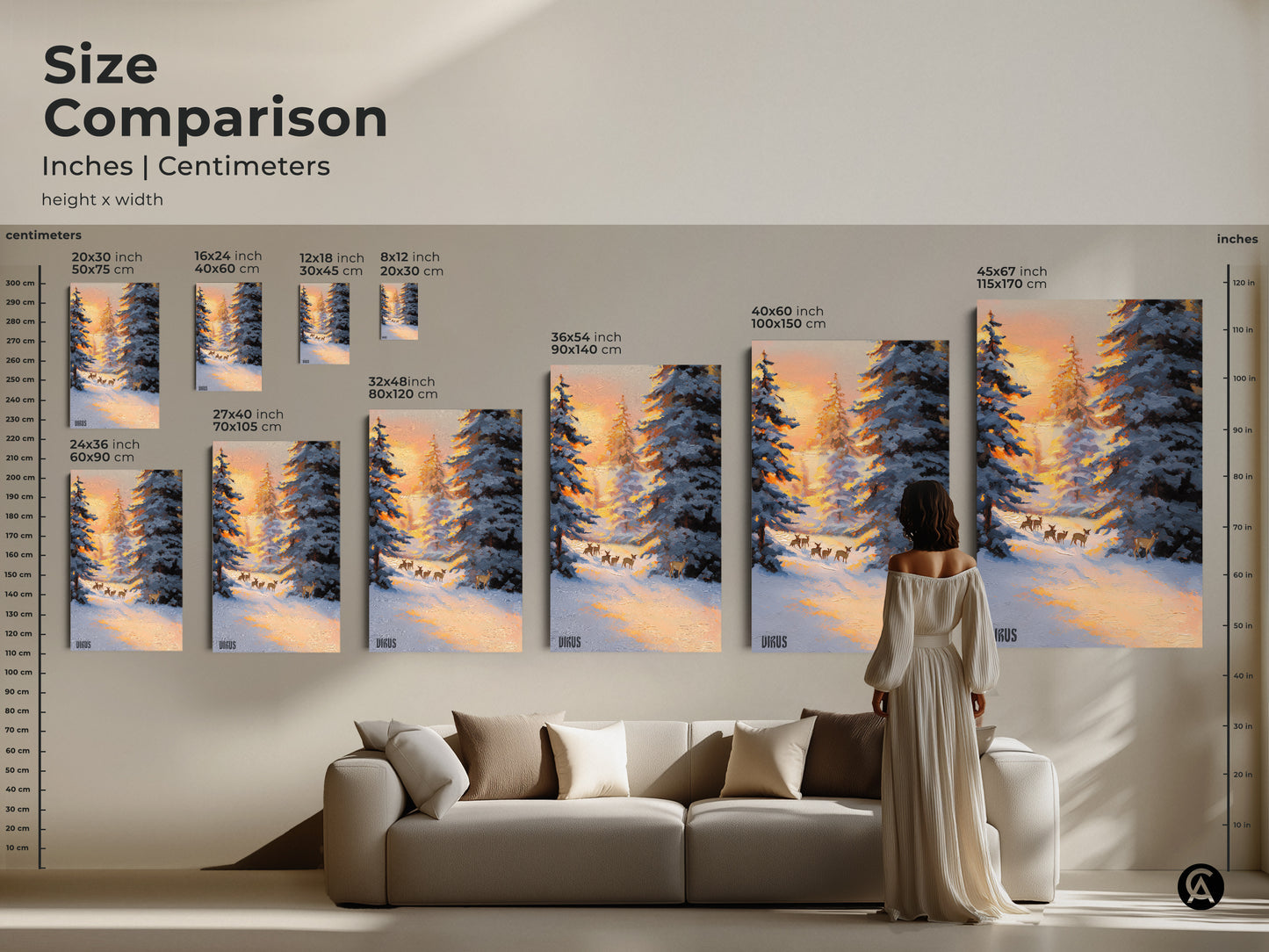 Size comparison of snowy forest deer canvas art in inches and centimeters. Sizes range from 20x30 cm to 45x67 inches. Perfect as a winter landscape canvas print for any room. Choose the ideal size for your rustic nature decor and bring wildlife into your home.