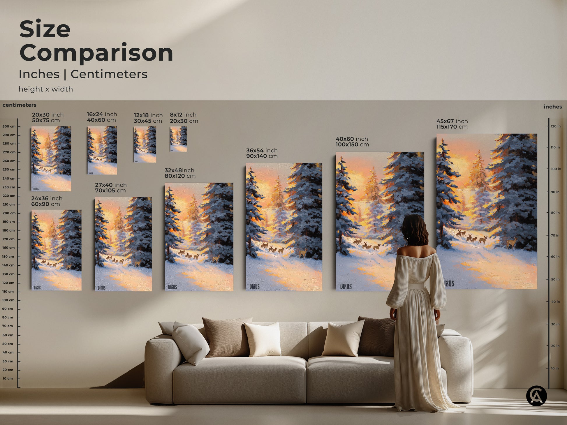 Size comparison of snowy forest deer canvas art in inches and centimeters. Sizes range from 20x30 cm to 45x67 inches. Perfect as a winter landscape canvas print for any room. Choose the ideal size for your rustic nature decor and bring wildlife into your home.