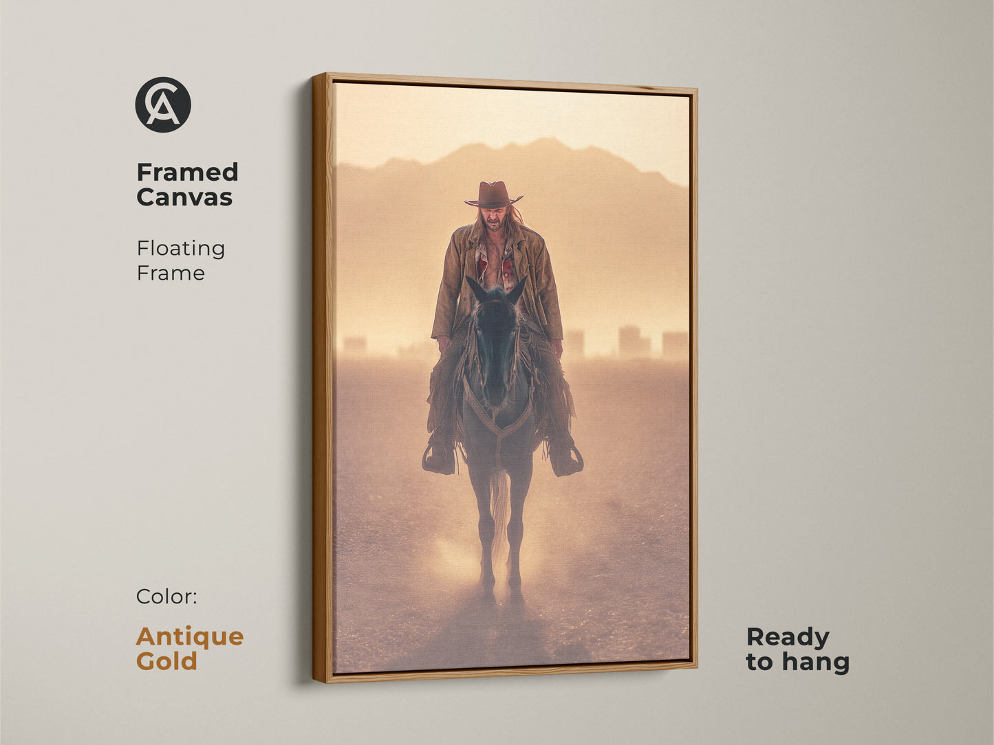 Framed canvas art of a cowboy on horseback with an antique gold floating frame. Ready to hang for rustic home decor. Featuring a goldenrod orange tan landscape. Add adventure and rugged charm to any space. This wild west wall art is ideal for cowboy enthusiasts.