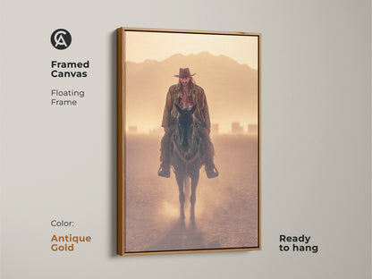 Framed canvas art of a cowboy on horseback with an antique gold floating frame. Ready to hang for rustic home decor. Featuring a goldenrod orange tan landscape. Add adventure and rugged charm to any space. This wild west wall art is ideal for cowboy enthusiasts.