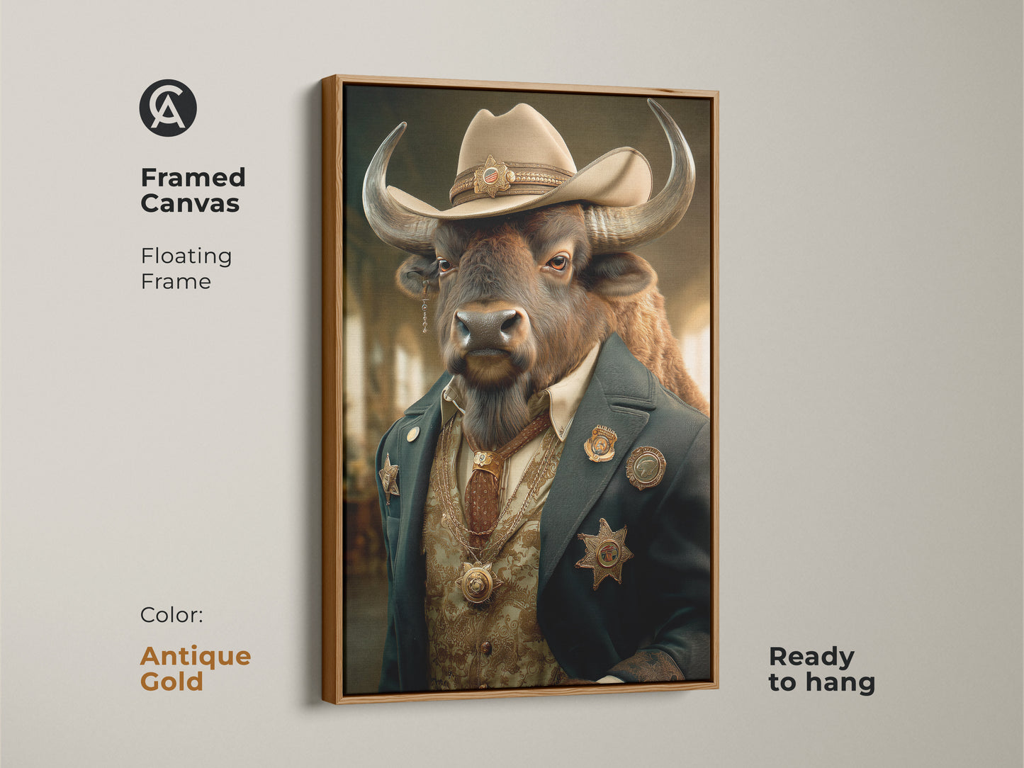 Framed canvas of a buffalo sheriff art. This antique gold floating frame enhances the surreal western cowboy animal portrait. It is a ready to hang piece of dark academia wall art. The tan blue and brown tones add eclectic charm. Ideal as man cave decor and a unique housewarming gift.
