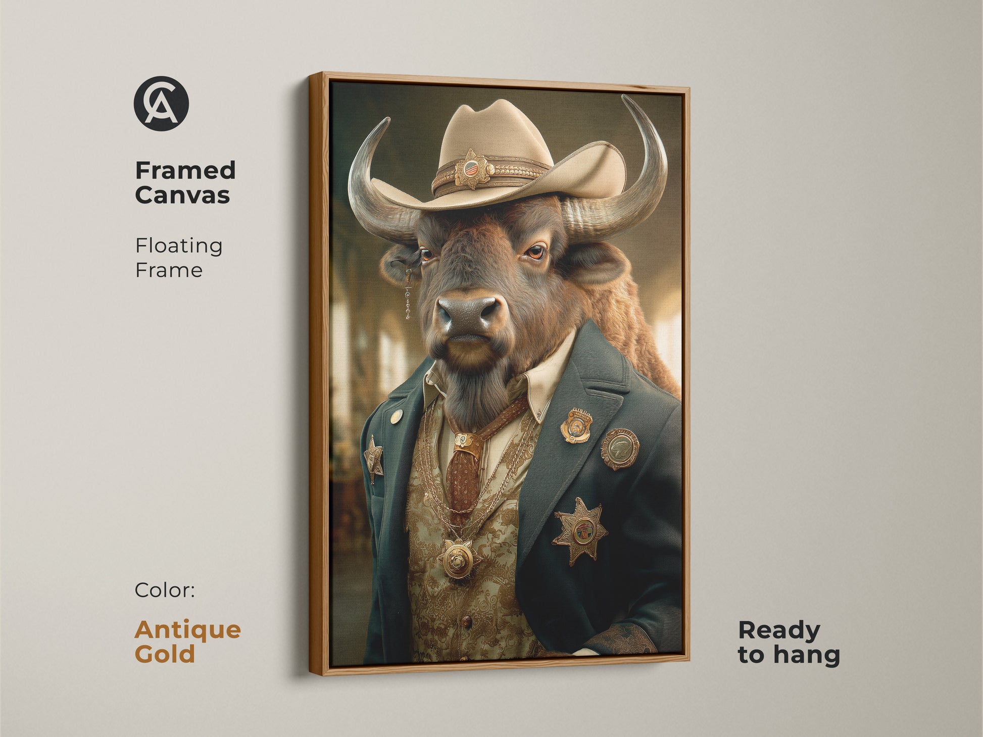 Framed canvas of a buffalo sheriff art. This antique gold floating frame enhances the surreal western cowboy animal portrait. It is a ready to hang piece of dark academia wall art. The tan blue and brown tones add eclectic charm. Ideal as man cave decor and a unique housewarming gift.