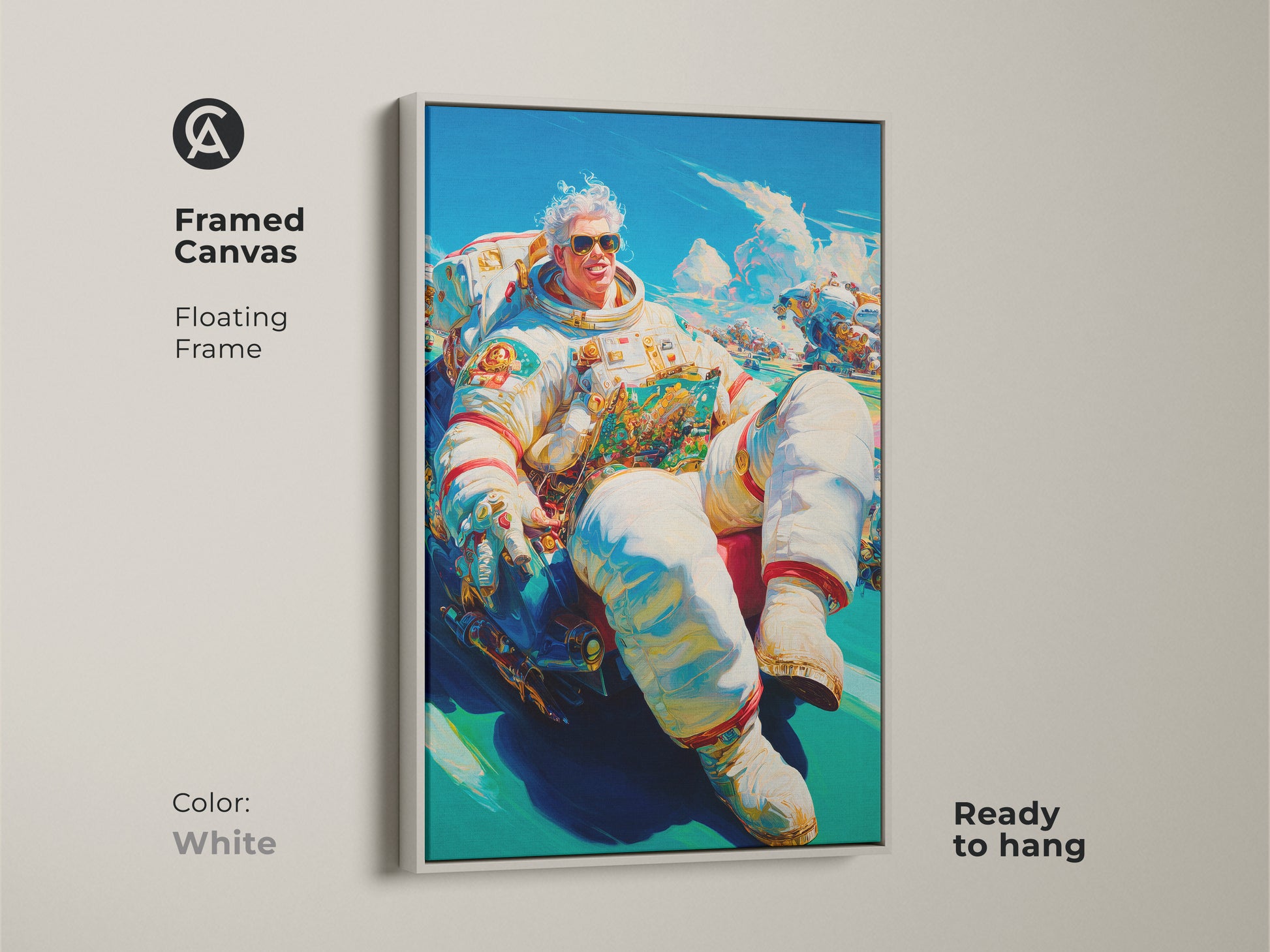 Framed canvas artwork. It shows an astronaut lounging in a futuristic vehicle. The white floating frame enhances its modern appeal. It's ready to hang. A clean and stylish choice for any room.