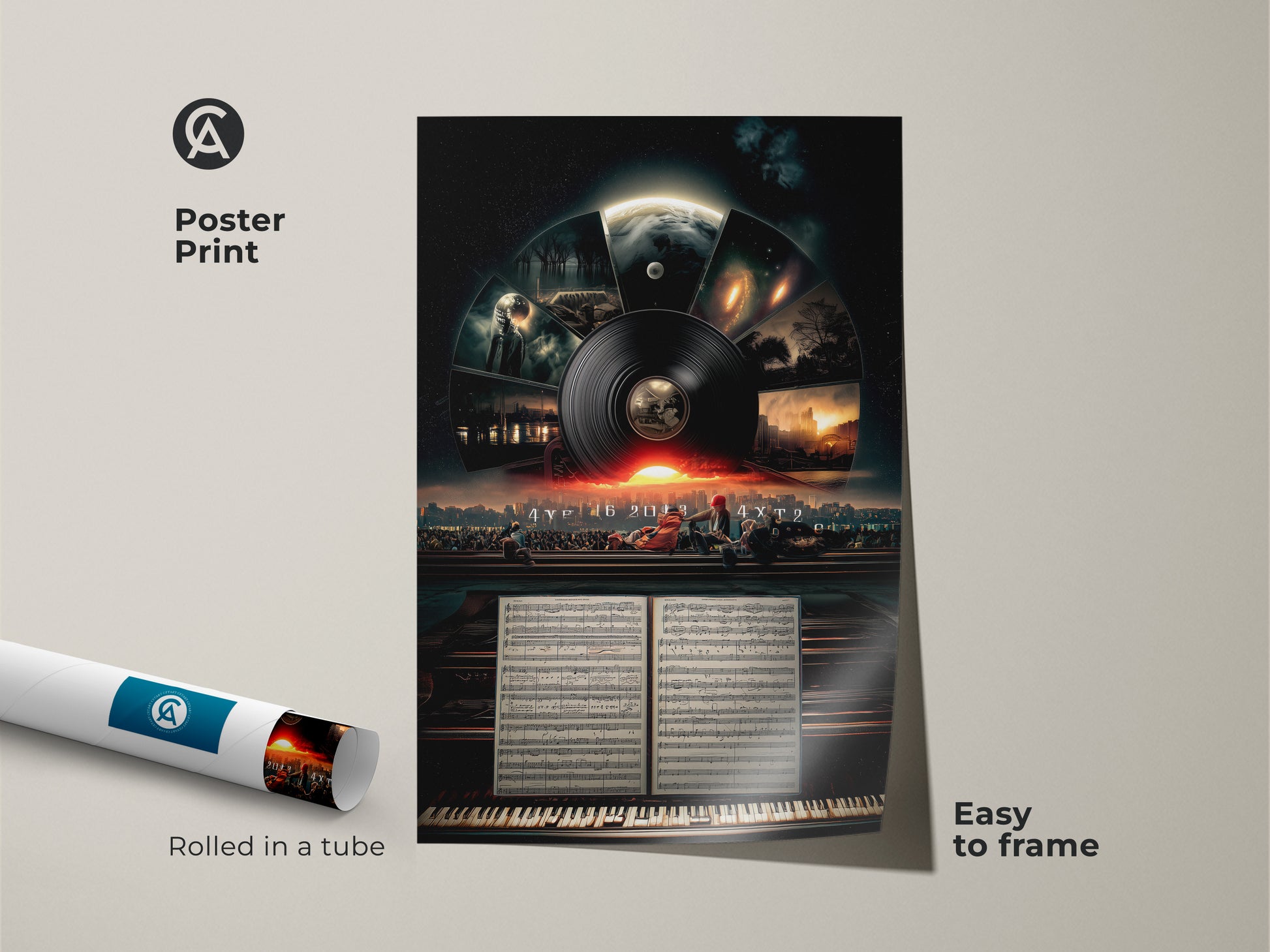 Poster print showcases surreal vinyl record art. This cosmic music cityscape art is easy to frame. Rolled in a tube to ensure safe delivery this conceptual space artwork makes a unique gift.