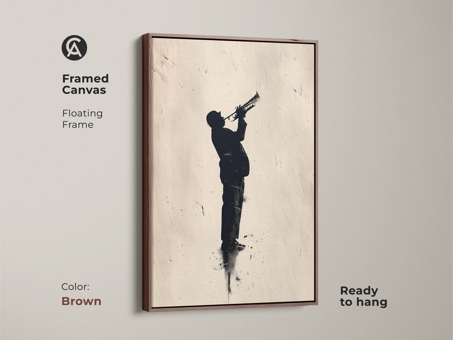 Brown framed canvas art featuring a jazz musician. A silhouette of a man playing the trumpet. Floating frame adds sophistication to the artwork. Add this musical touch to your space.